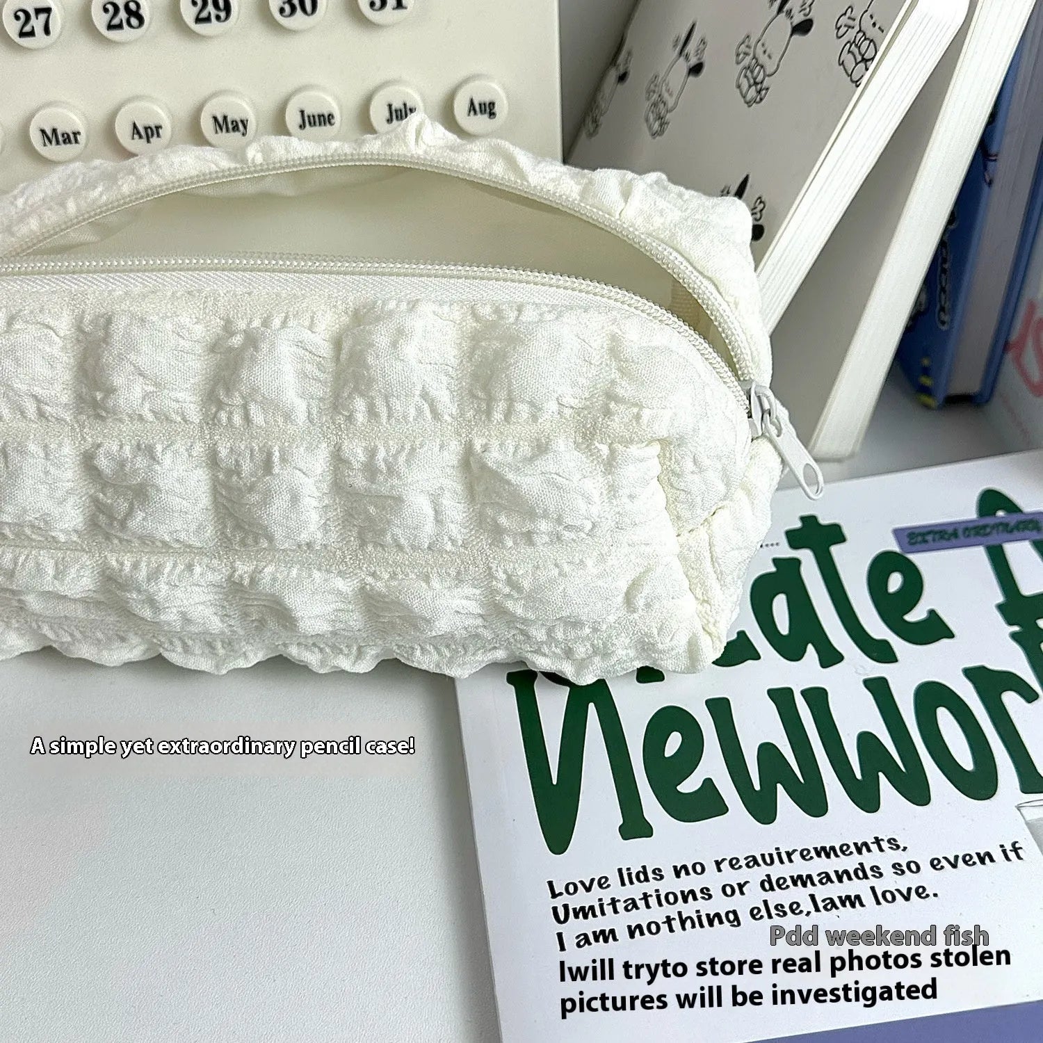 Polyester fabric pencil case with cream puff design in beige colour option