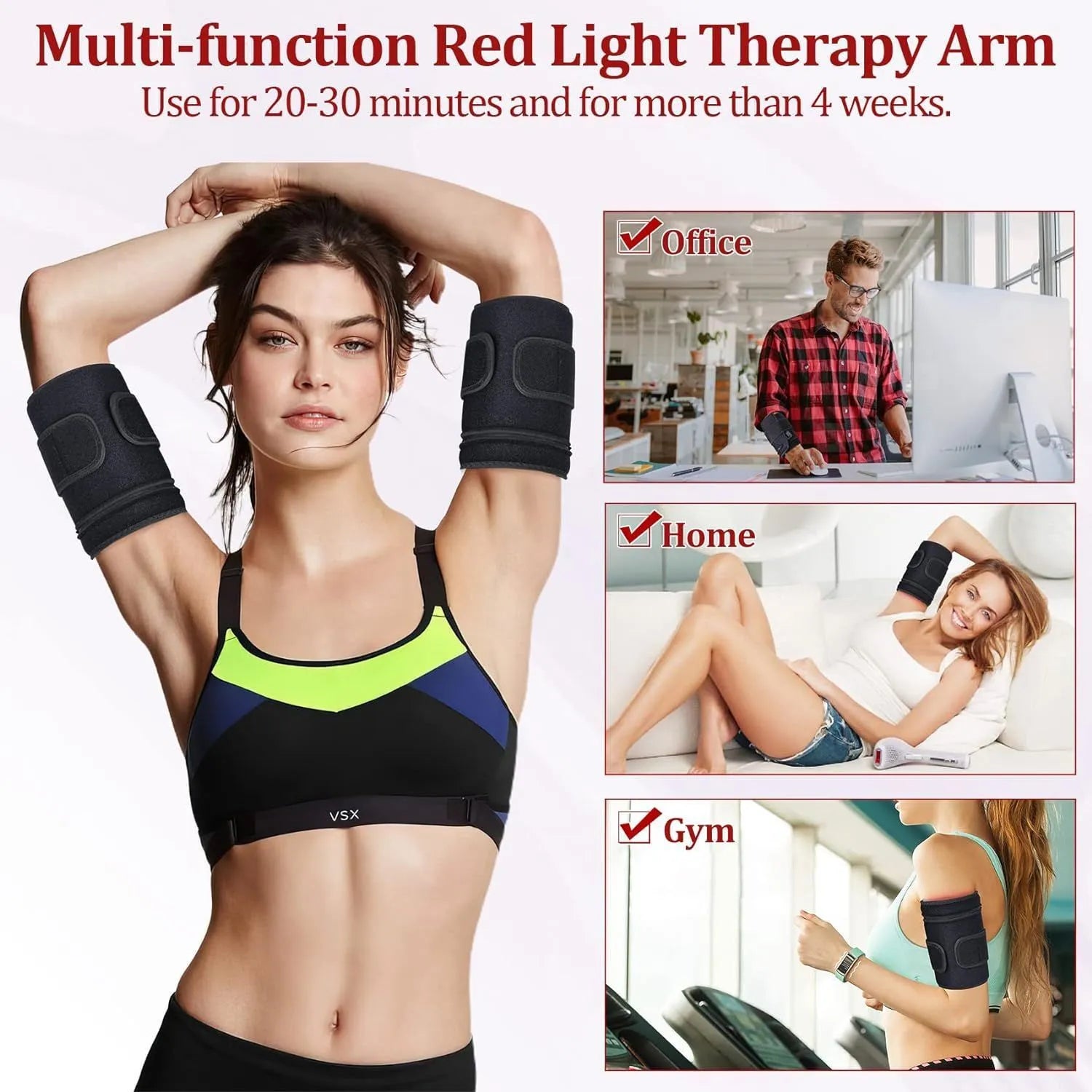 Arm massage belt with red light infrared therapy pad on arm, 32×17cm black diving fabric, controller and straps visible