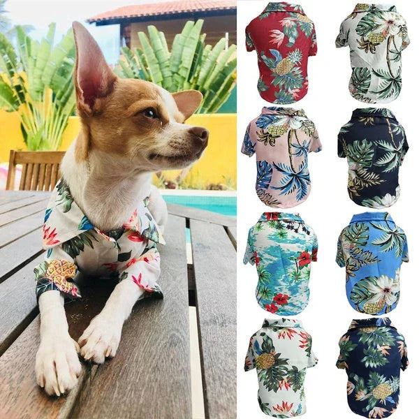 Breathable chiffon dog shirt with tropical pineapple and palm tree patterns