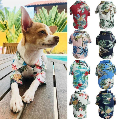 Breathable chiffon dog shirt with tropical pineapple and palm tree patterns