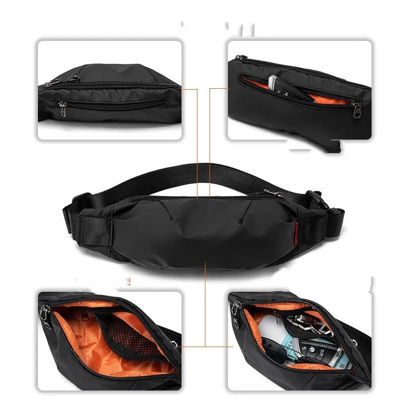 Black Oxford cloth waist pack for men worn crossbody, showing front zip and compact size.