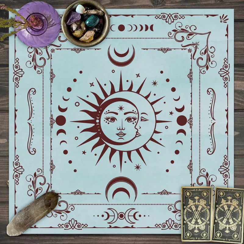 Decorative tablecloth with mandala moon phase and floral butterfly designs for tarot and board games