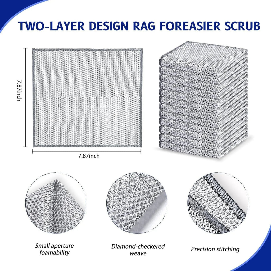 Silver wire and coloured microfiber kitchen cleaning cloths in 20x20cm and 25x25cm sizes for scrubbing pots.