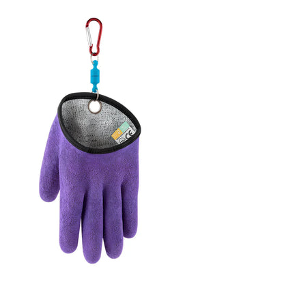 Purple anti-slip fishing gloves with latex coating and magnetic clip for puncture protection in left or right hand, 25cm length