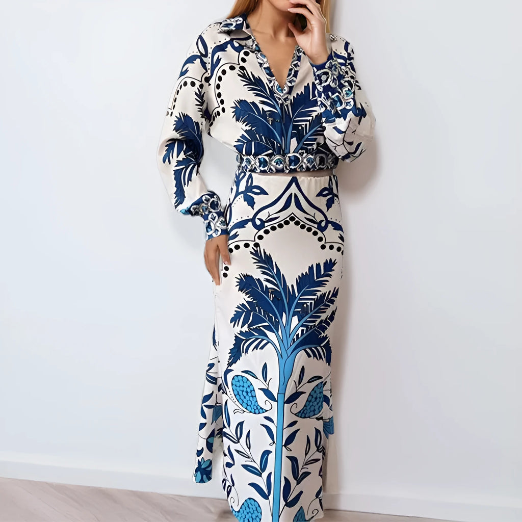 Early spring floral casual set with long sleeve top and long skirt in picture colour