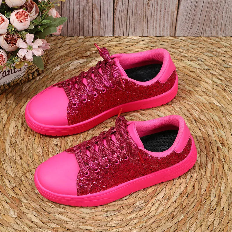 Glitter sequin thick-soled lace-up flats shoes for women in black, blue, pink, rose red, or silver with round toe and low upper