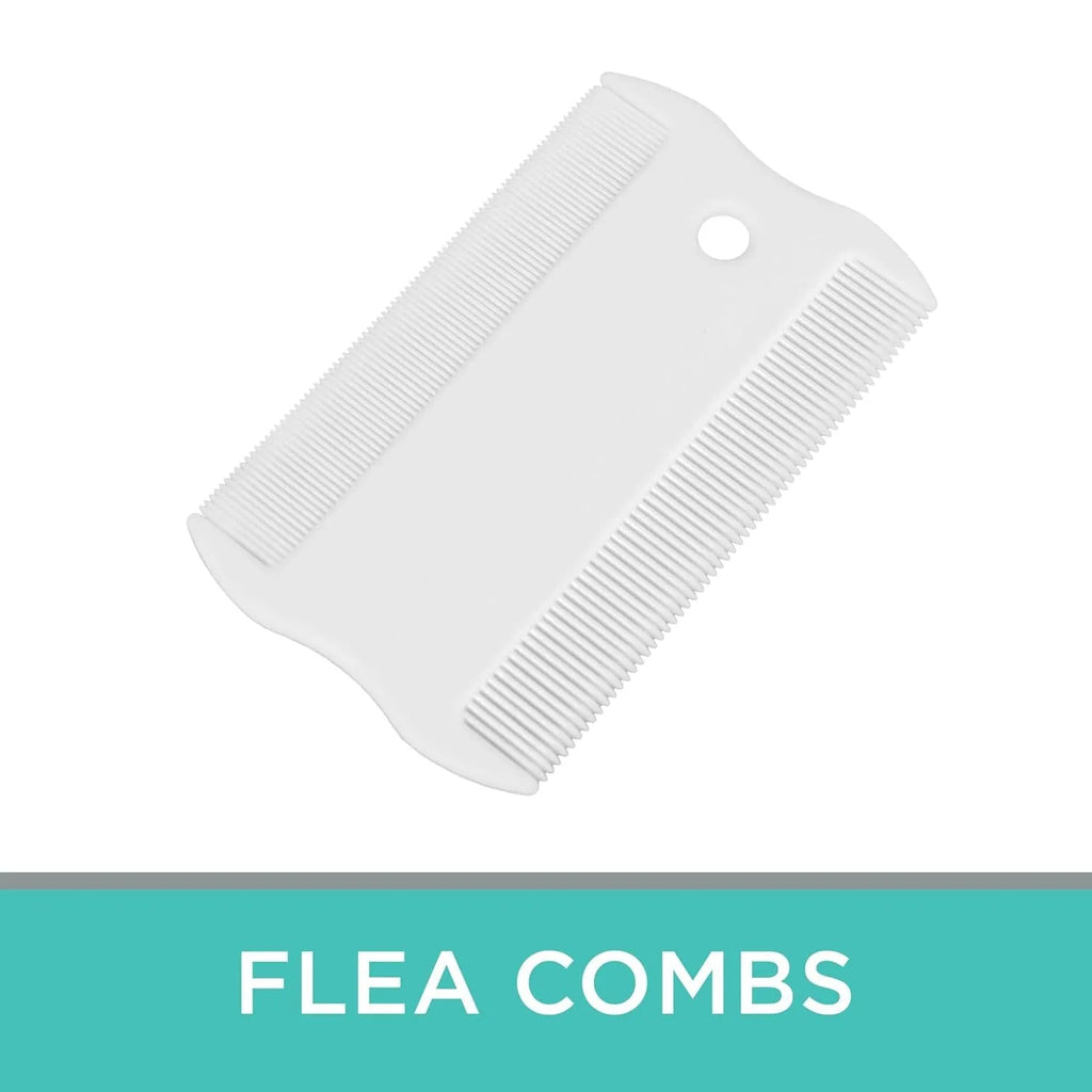 Double-sided plastic flea comb for pets showing dense teeth on one side and standard teeth on the other.
