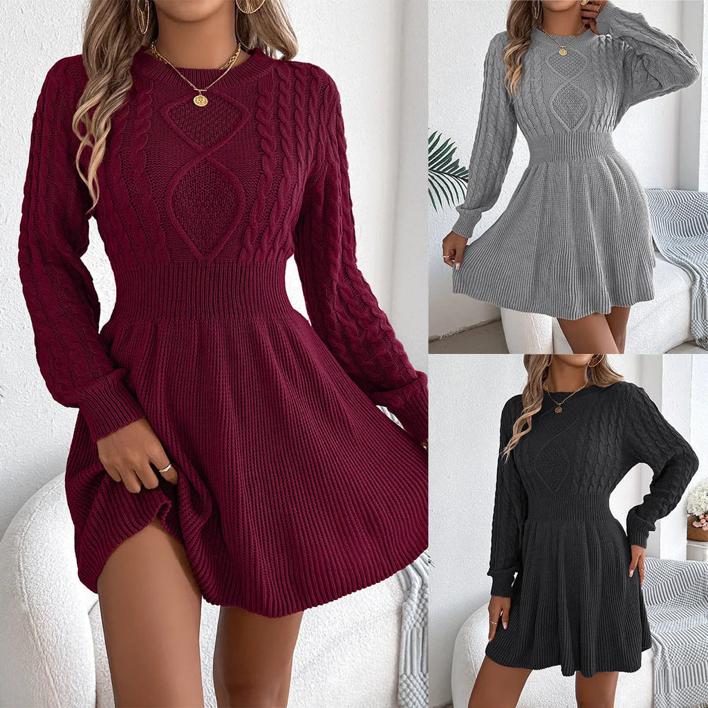 Woman wearing a solid colour acrylic sweater dress with lantern sleeves and an elastic fitted waist.