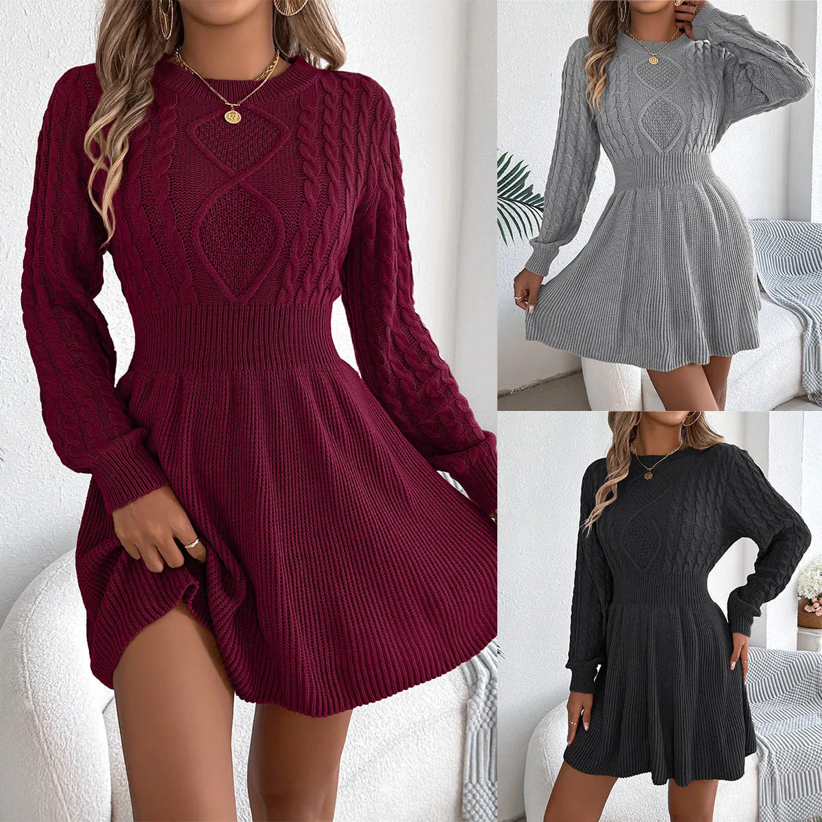 Woman wearing a solid colour acrylic sweater dress with lantern sleeves and an elastic fitted waist.