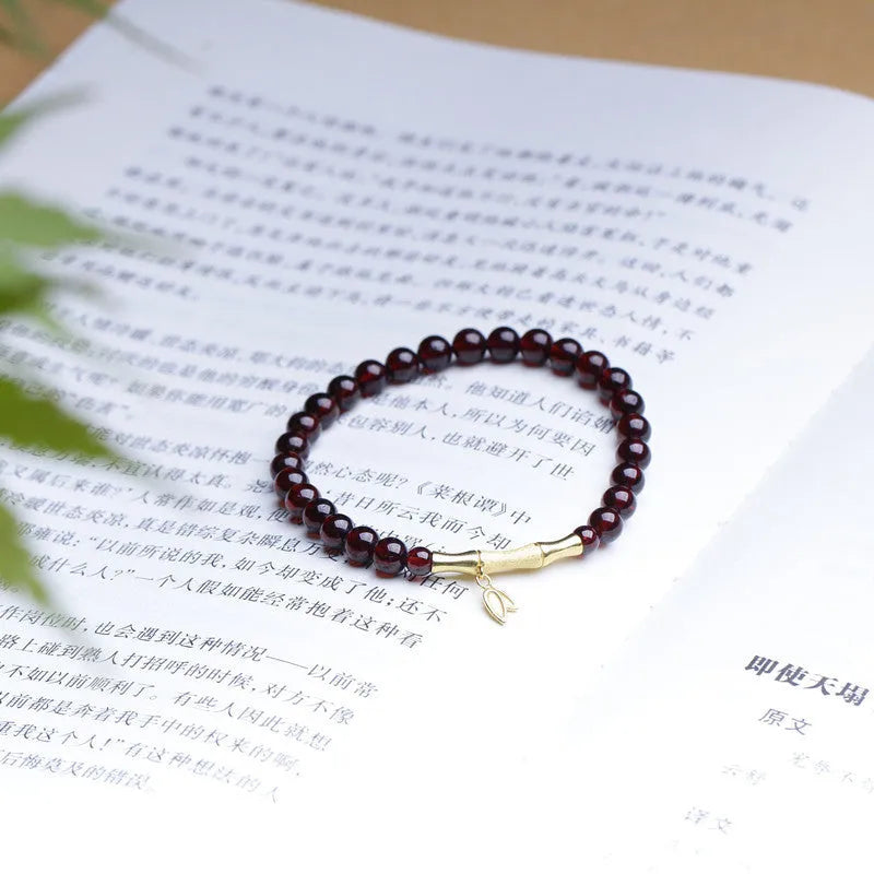 6mm garnet single ring bracelet with adjustable bamboo joint clasp in copper or silver finish