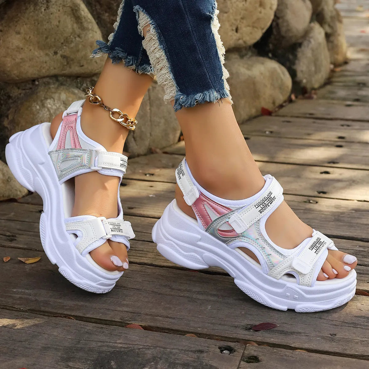 Women's white PU Roman platform sandals with multiple straps and rubber sole