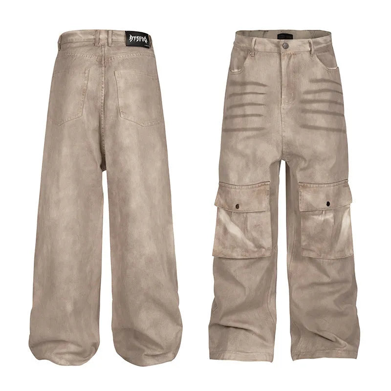 Marble Dark women's straight-leg loose casual trousers made from pure cotton denim on a mid-waist.