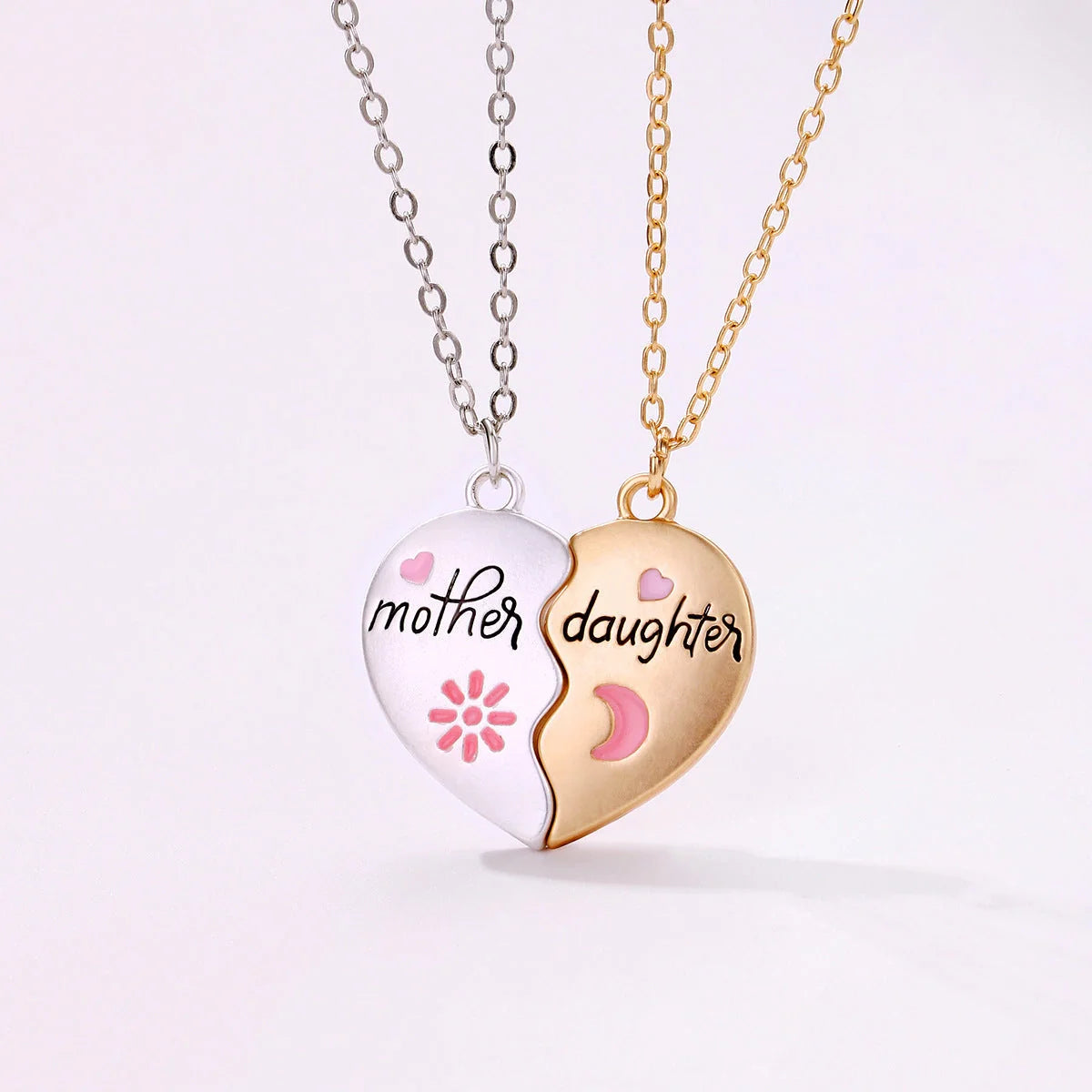 Mother daughter matching heart necklace set with gold plating and magnetic clasp