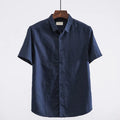 Men's loose fit linen short sleeve shirt with a square collar in sapphire blue.