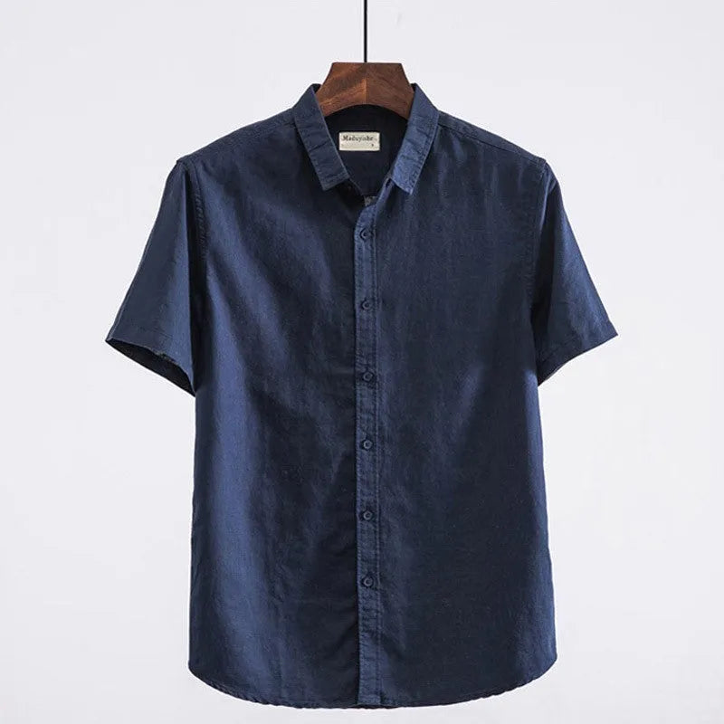 Men's loose fit linen short sleeve shirt with a square collar in sapphire blue.