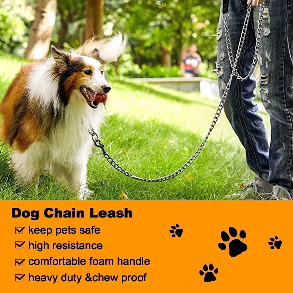 Heavy duty metal dog leash with a soft black padded handle and a silver chain, shown alongside blue and red colour options.