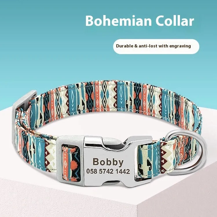 Canvas dog collar with semi-metal buckle in bohemian blue pattern for medium and large dogs