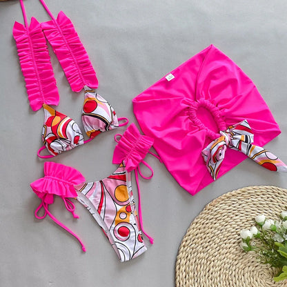 Women's purple pleated split bikini swimsuit with sleeveless design and briefs style for swimming