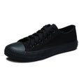 Women's solid colour casual canvas shoes shown in black, white black, white red, and all black options.
