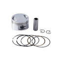 Motorcycle engine piston kit showing aluminium piston, steel oil ring, and pin for 57.4mm cylinder