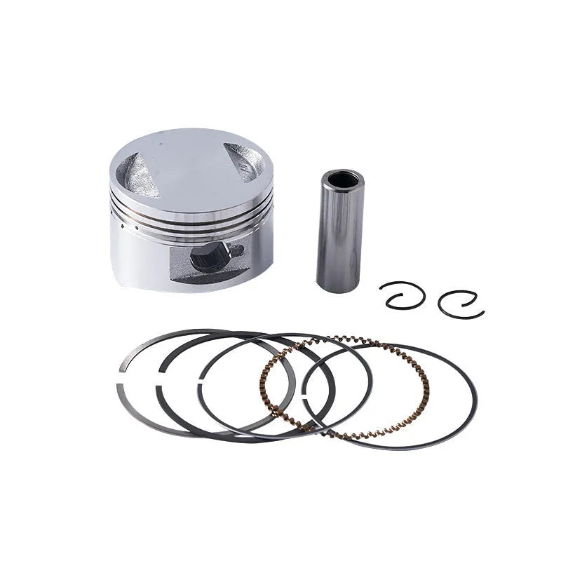 Motorcycle engine piston kit showing aluminium piston, steel oil ring, and pin for 57.4mm cylinder