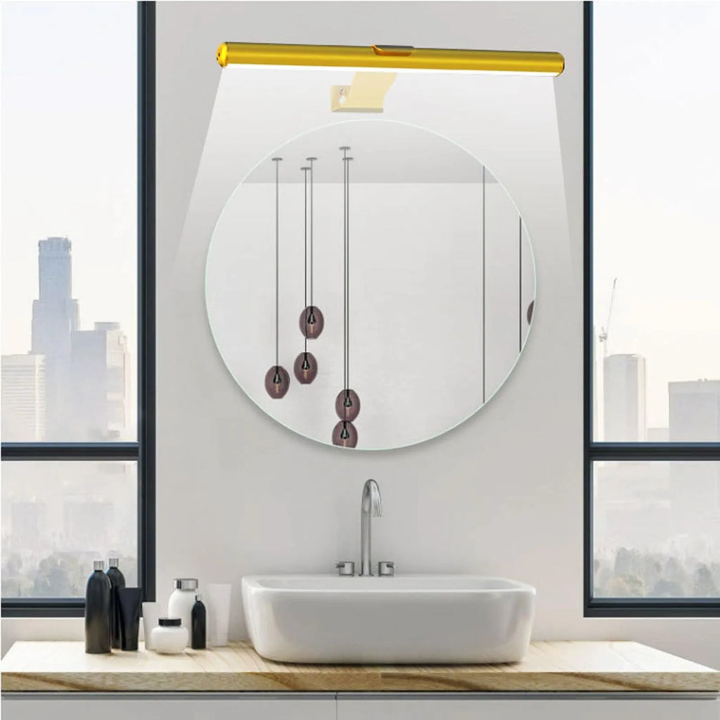 Magnetic suction 40cm rechargeable LED wall lamp in black with remote control, mounted above a bathroom mirror showing three colour temperatures