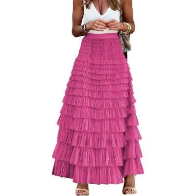 Women's layered ruffles cake skirt in mesh fabric, available in multiple colours