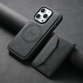 Imitation leather rotating bracket phone case with magnetic card pack for iPhone 16 Pro Max in black
