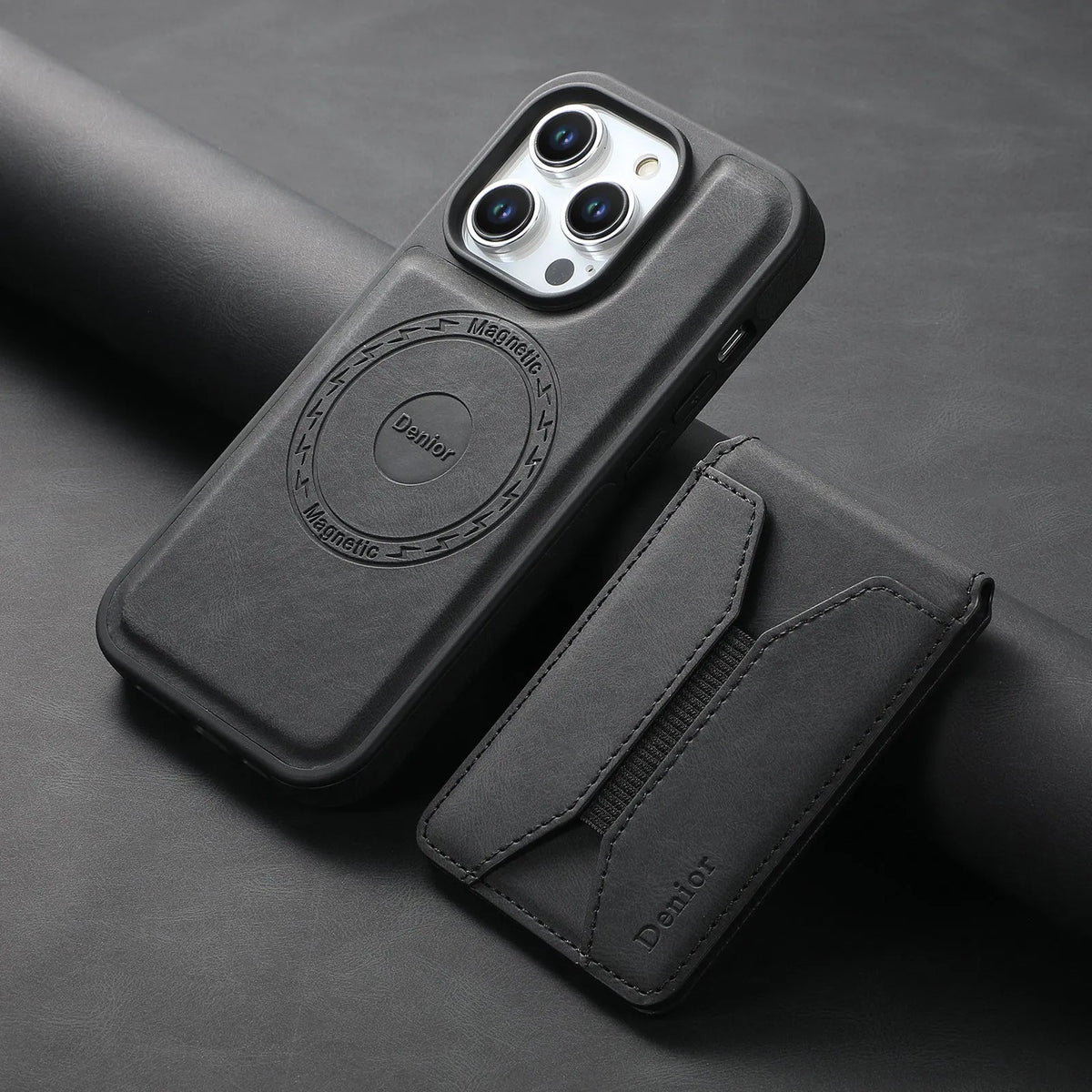 Imitation leather rotating bracket phone case with magnetic card pack for iPhone 16 Pro Max in black