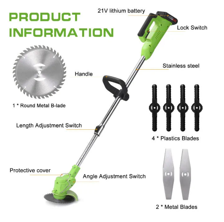 Cordless electric lawn mower with stainless steel telescopic tube and battery, 1.5 kg