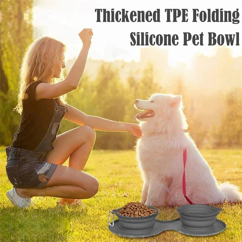 Collapsible double pet bowl with no-spill mat, perfect for travel