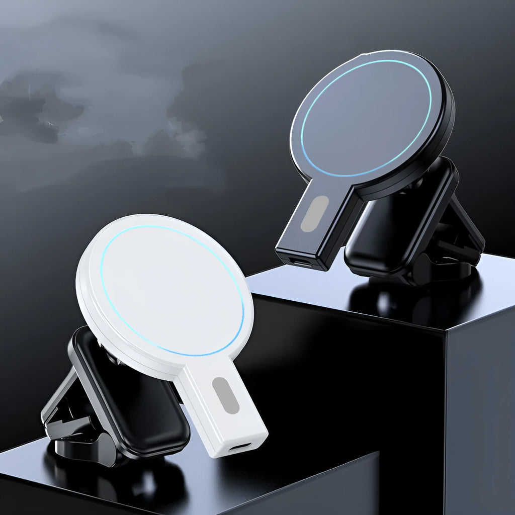 White magnetic wireless phone charger on desk with phone charging