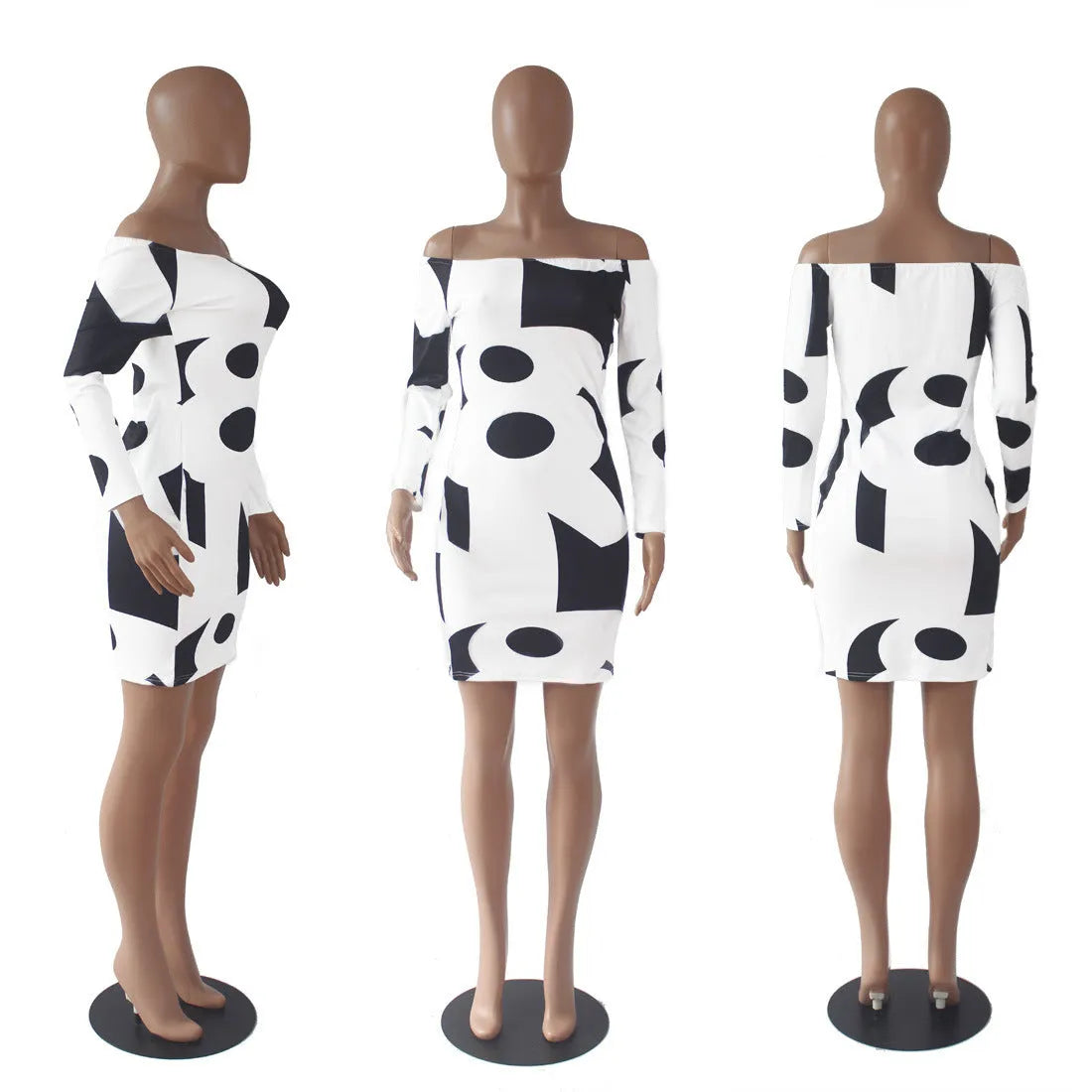 White long sleeve off-shoulder geometric print dress with lantern skirt and mid waist, standing front view