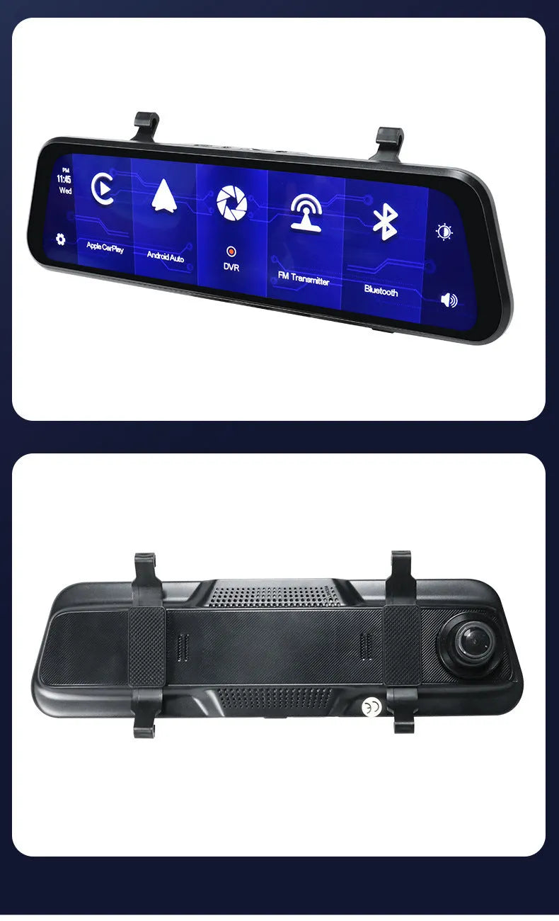Black universal 9-inch car GPS navigation and DVR system with a large touch screen on a dashboard.