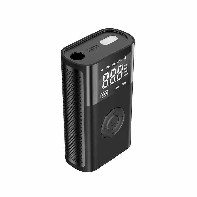 Handheld wireless digital tyre inflator with LCD screen and selection of nozzle adaptors.