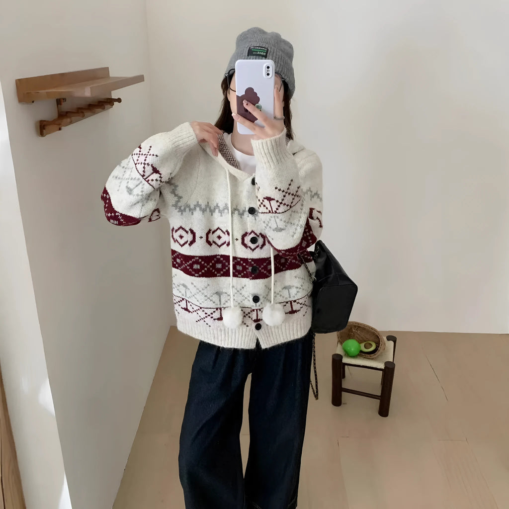 Women's loose grey geometric brocade acrylic sweater coat with long sleeves
