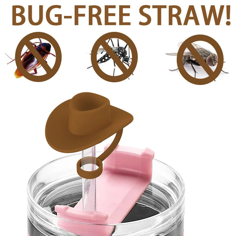 Sturdy Cowboy Hat-shaped straw covers made of food-grade silicone in vibrant colors like red, black, and brown