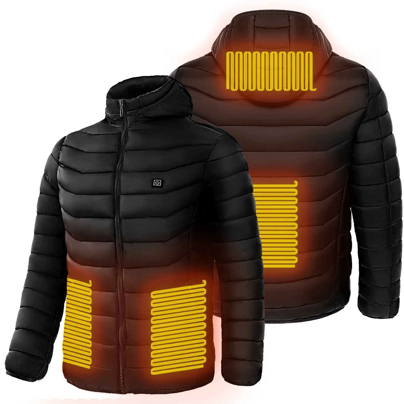 Heated puffer jacket with 9 heating zones, adjustable hood, and insulation for skiing in cold weather