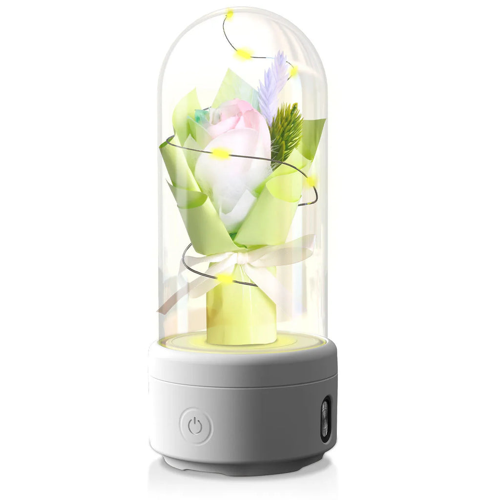 Rose-shaped LED bouquet night light with Bluetooth speaker enclosed in glass cover