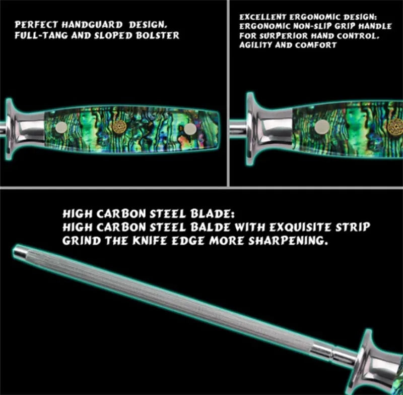 Manual high carbon steel knife sharpener with abalone shell handle.