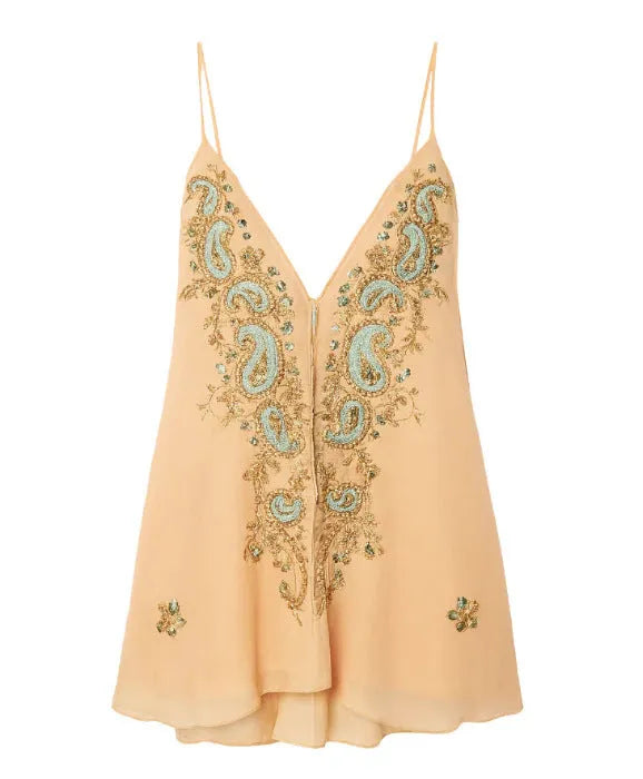 Light yellow women's sleeveless v-neck strap skirt with ethnic print pattern