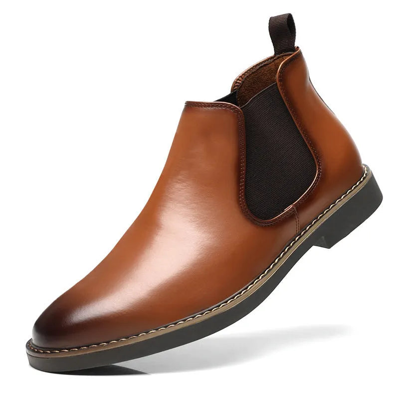 Men's black plus-size casual boots with a square heel and middle calf length design.