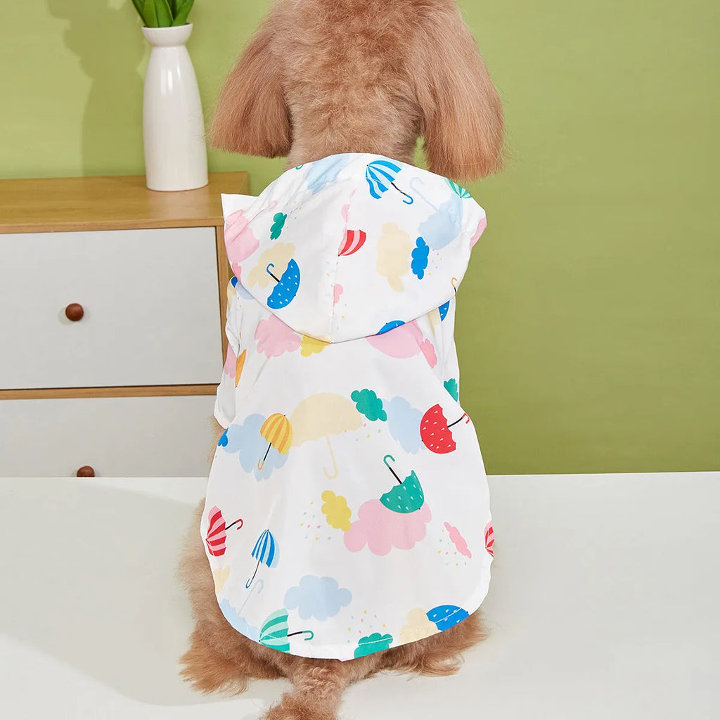 Colourful cartoon umbrella pattern dog or cat raincoat in multiple sizes.