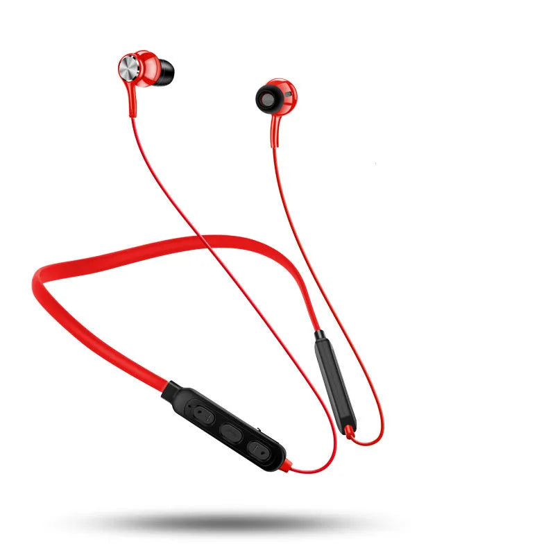 Red neckband sports Bluetooth earphones showing earpieces and USB charging cable.