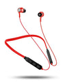 Red neckband sports Bluetooth earphones showing earpieces and USB charging cable.