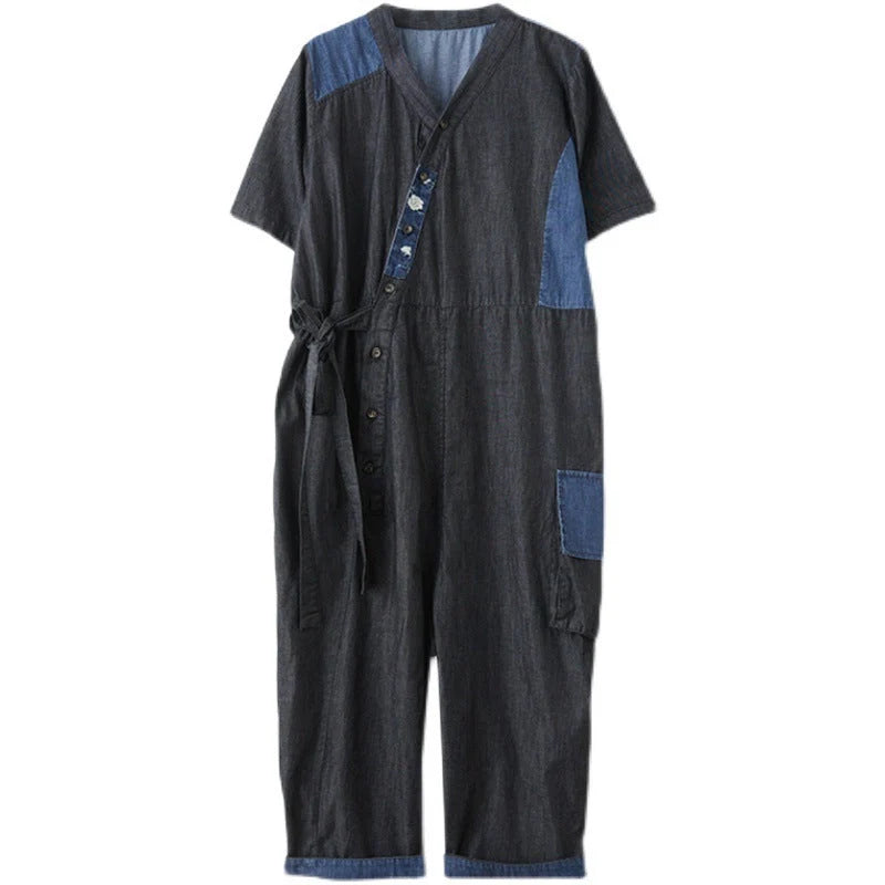Women's Drawstring Denim Jumpsuit in blue and black with wide legs and cropped length
