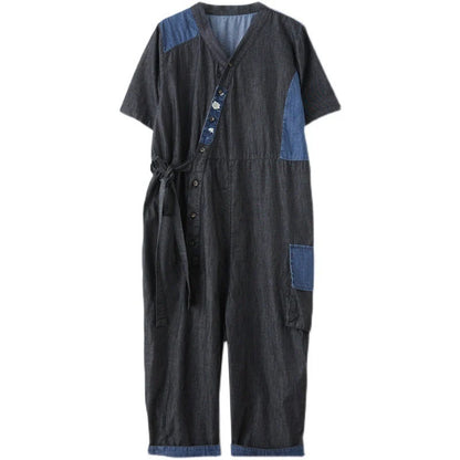 Women's Drawstring Denim Jumpsuit in blue and black with wide legs and cropped length