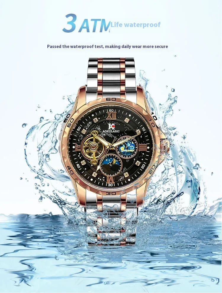 Automatic mechanical men's watch with rose gold case, black dial, and large day-date display.