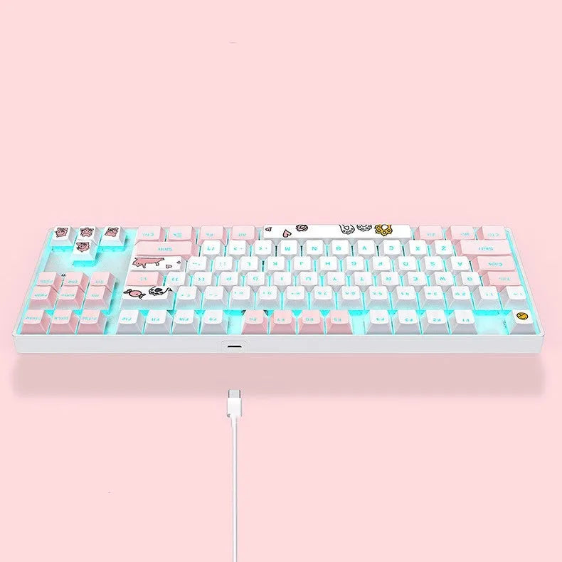 TK916 87-key green shaft RGB mechanical keyboard with metal panel and USB cable, white and pink colour