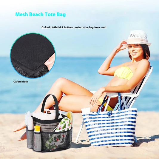 Black beach mesh toiletry bag with eight mesh pockets for organised storage